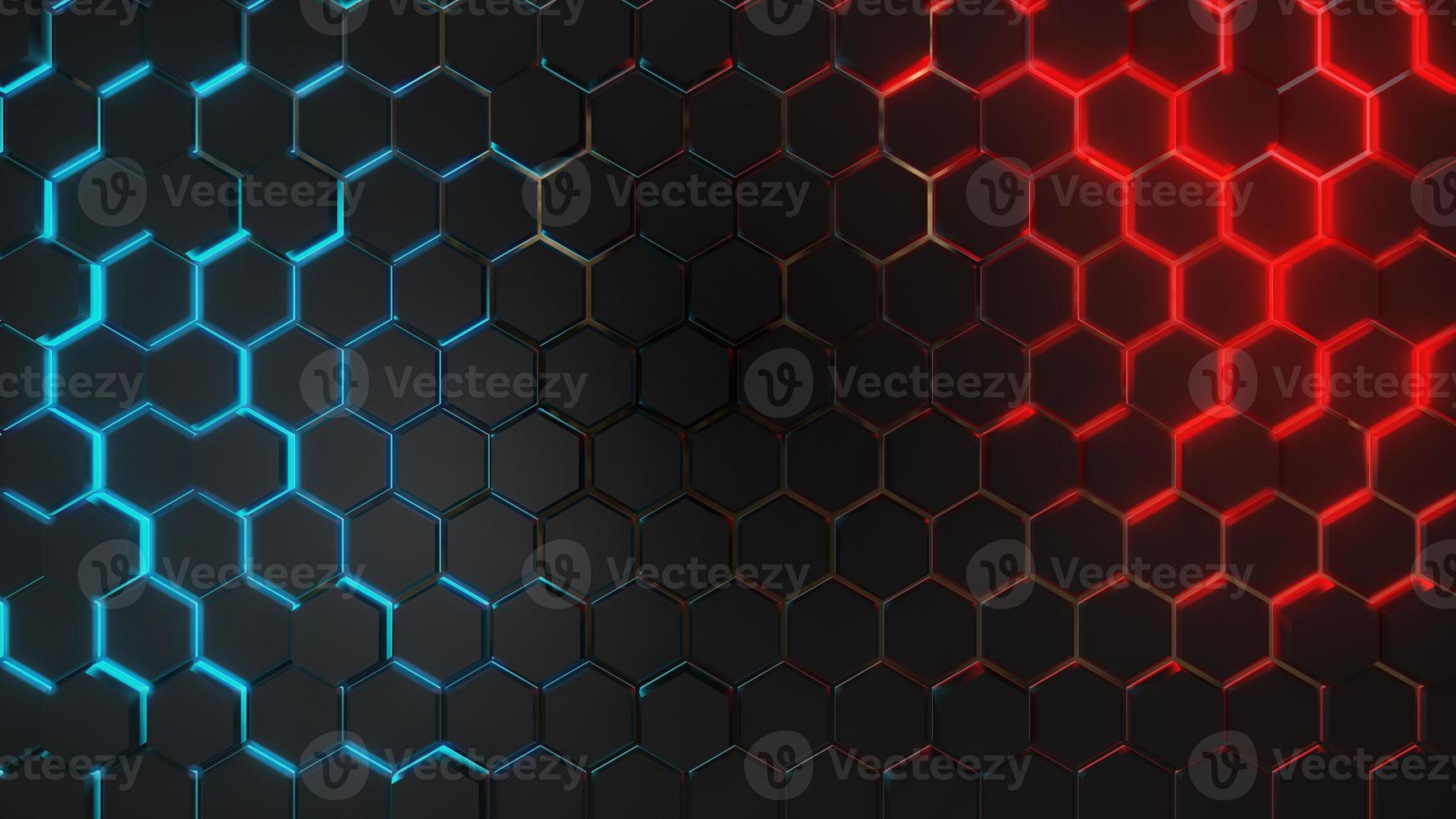 3D render Dark grey hexagon abstract technology background with blue and red colored bright lighting under hexagon photo