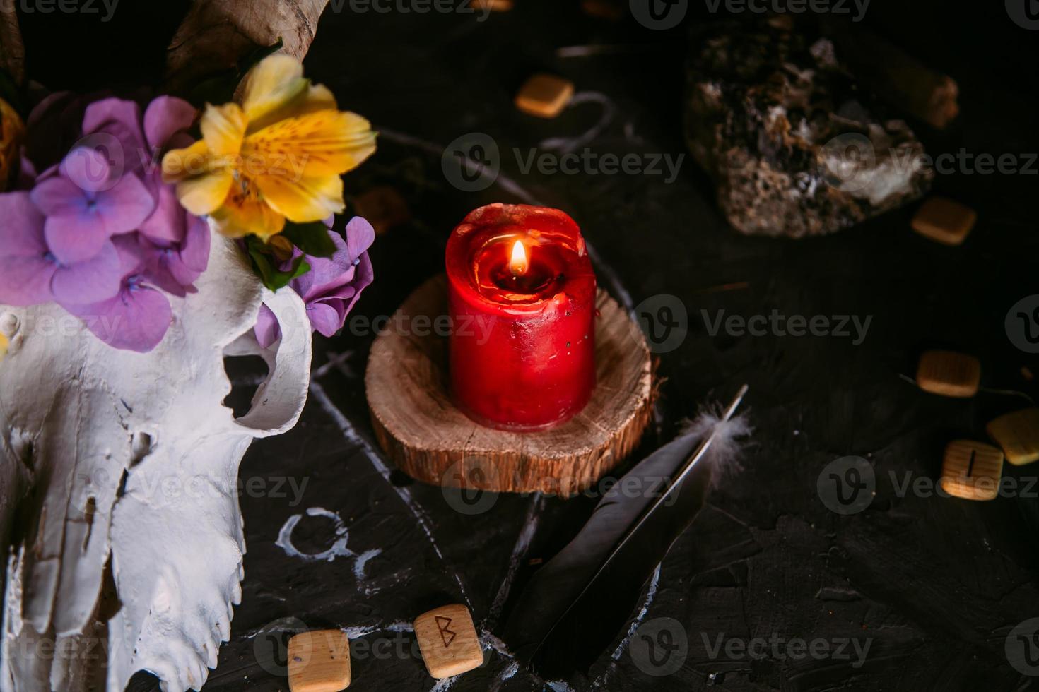 White goat scull with horns, flowers, open old book, candles on witch table. photo