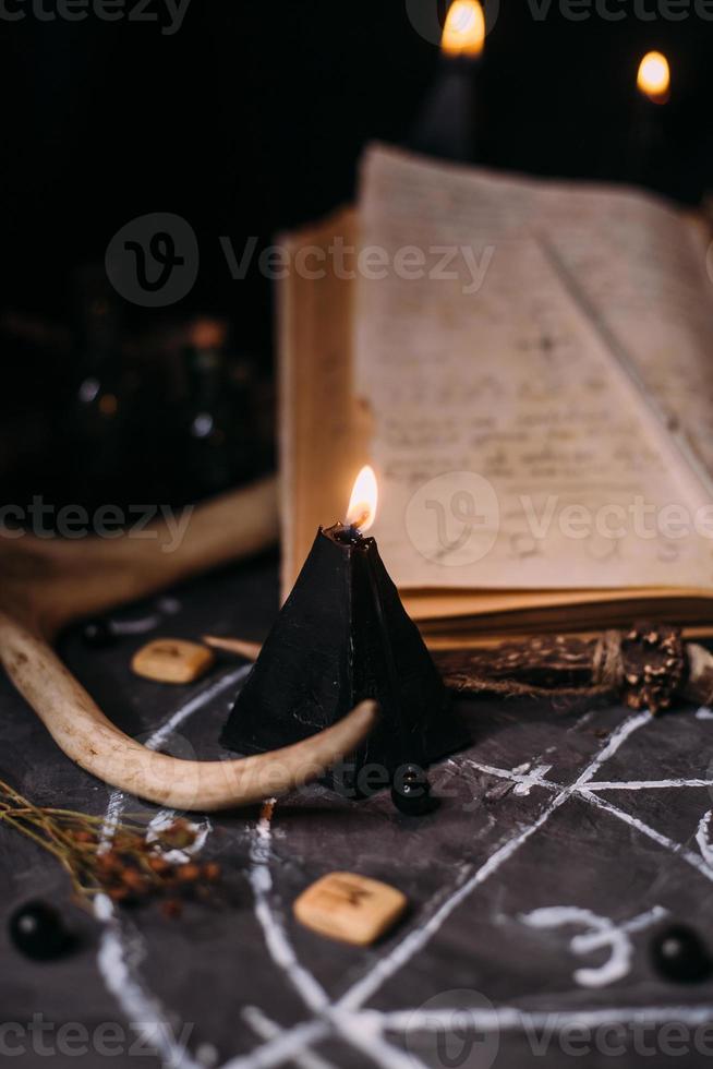 libro viejo abierto con hechizos mágicos, runas, velas negras en la mesa de  brujas. concepto oculto, esotérico, adivinación y wicca. 7137262 Foto de  stock en Vecteezy