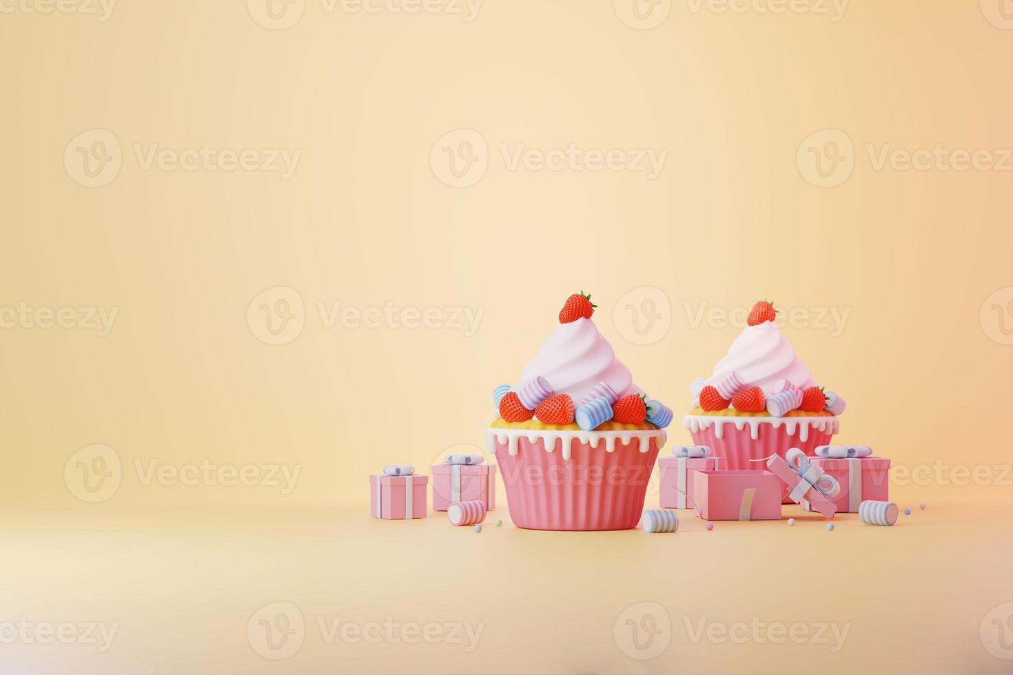 Pink cupcake with red strawberry, and sweet pastel marshmallow and gift box for valentine day and celebration 3d illustration photo