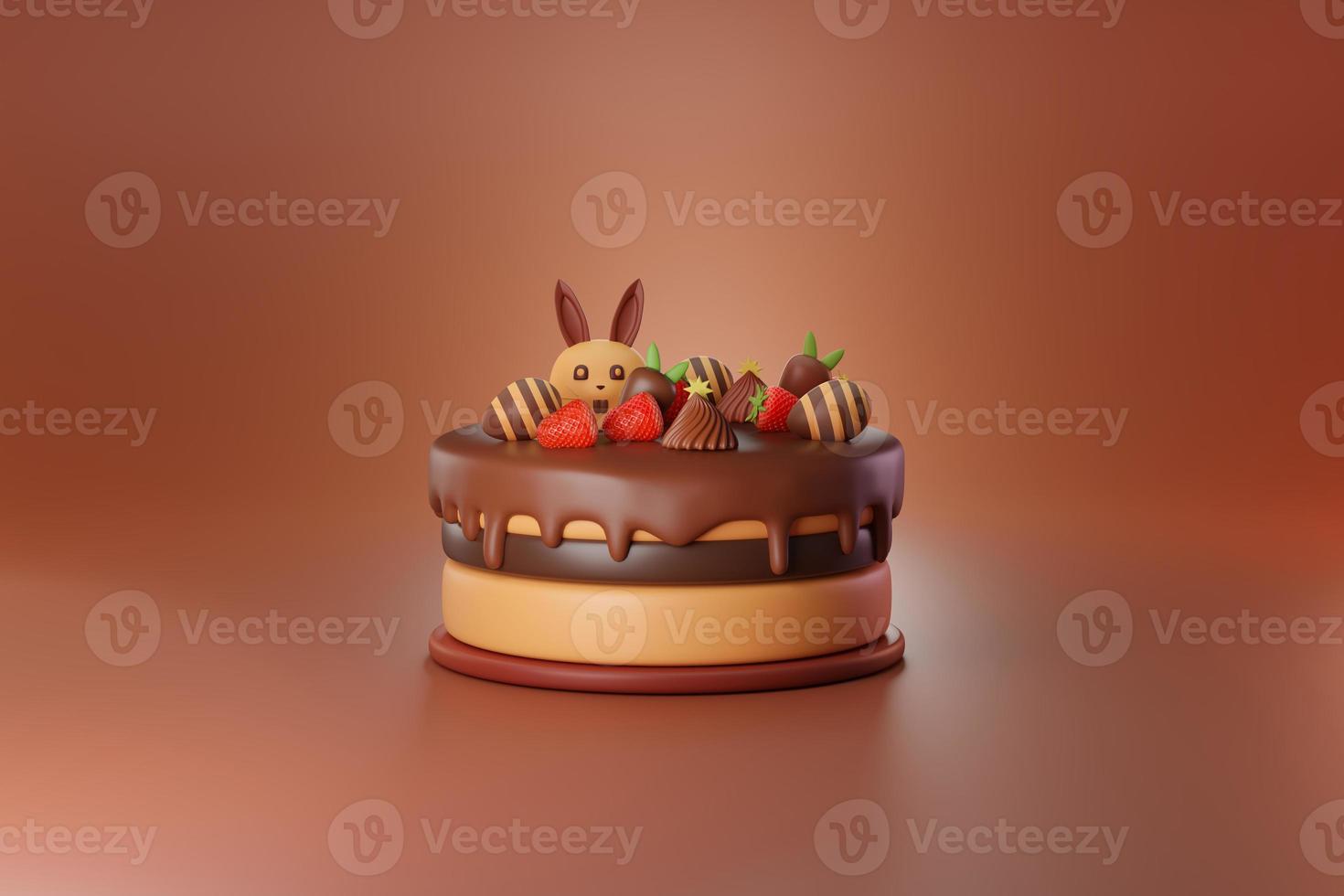 Easter egg chocolate cake dessert with red strawberry topping and cute rabbit 3d illustration photo