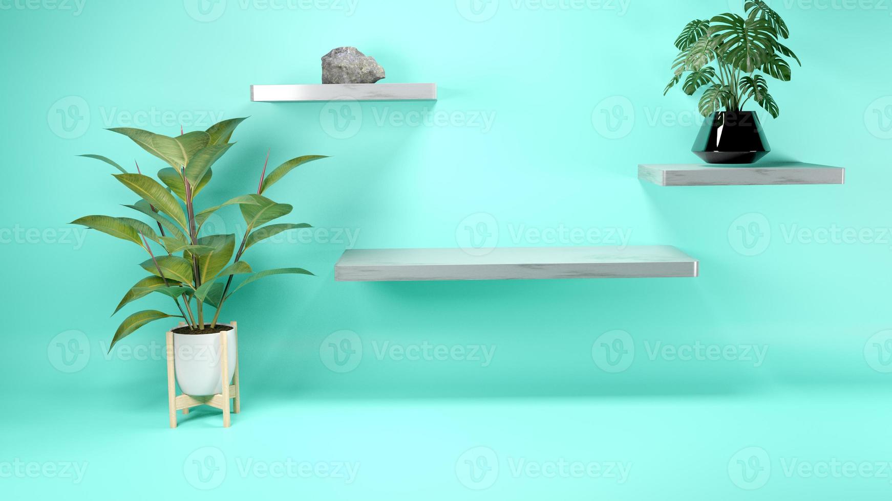 3d rendering abstract platform with plants podium product presentation on wall shade photo
