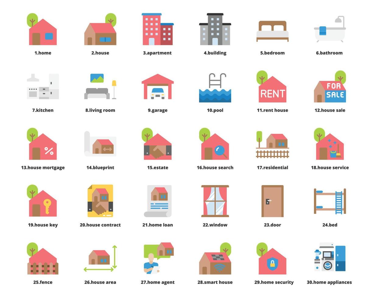 iconos de vector de bienes raíces color plano, hogar, casa, edificio