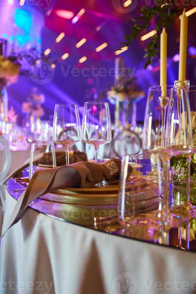 Table set for wedding or another catered event dinner. photo