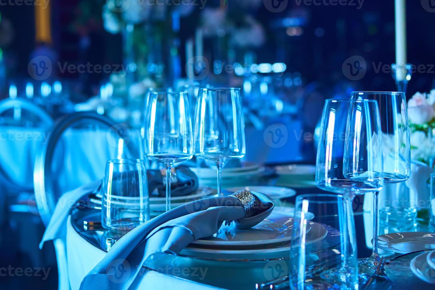 Table set for wedding or another catered event dinner. photo