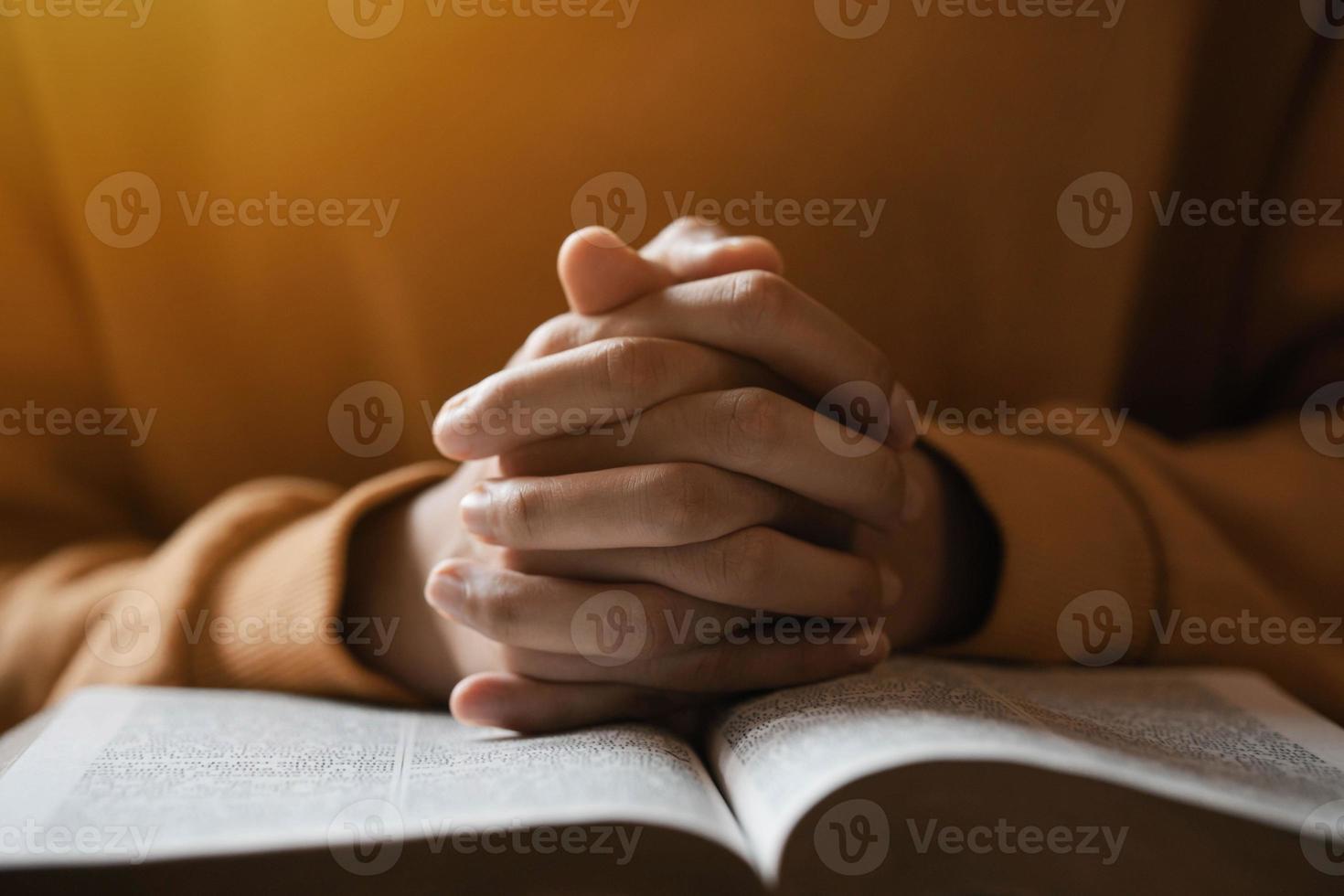 girl praying thanksgiving with holy scriptures God's teachings based on faith and faith in God Religious concepts, beliefs, hopes, love photo