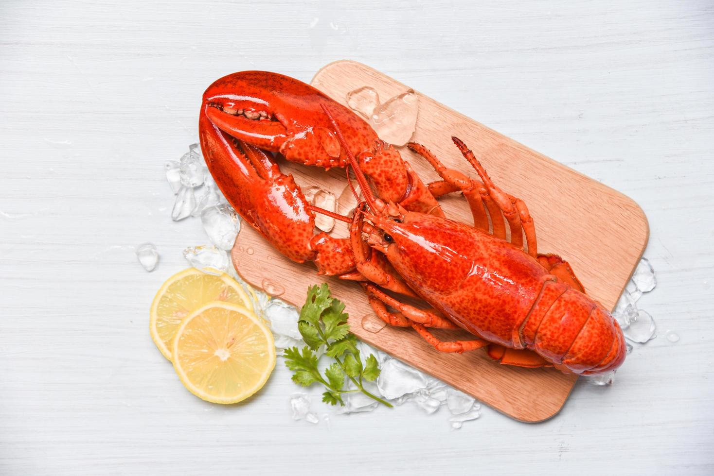 Lobster seafood with ice on wooden cutting board and lemon coriander - Close up of steamed lobster food photo