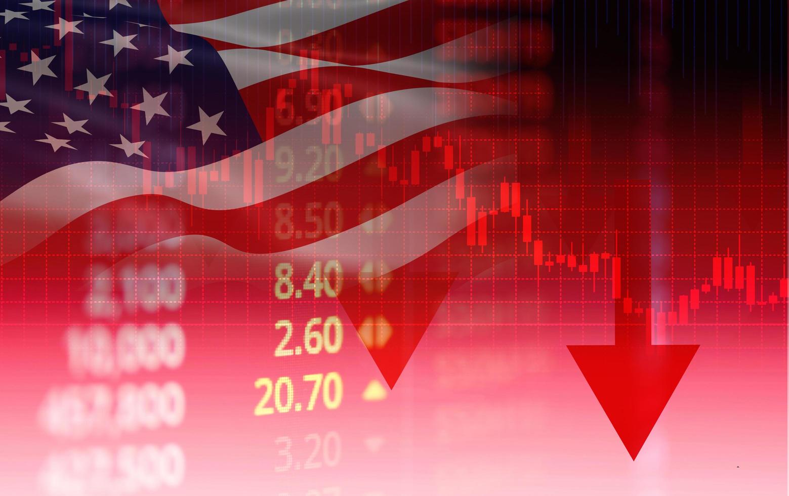 Estados Unidos. crisis del mercado de valores de américa gráfico de flecha hacia abajo del precio rojo otoño análisis de la bolsa de valores de nueva york o gráfico de forex finanzas empresariales crisis de dinero perdiendo foto