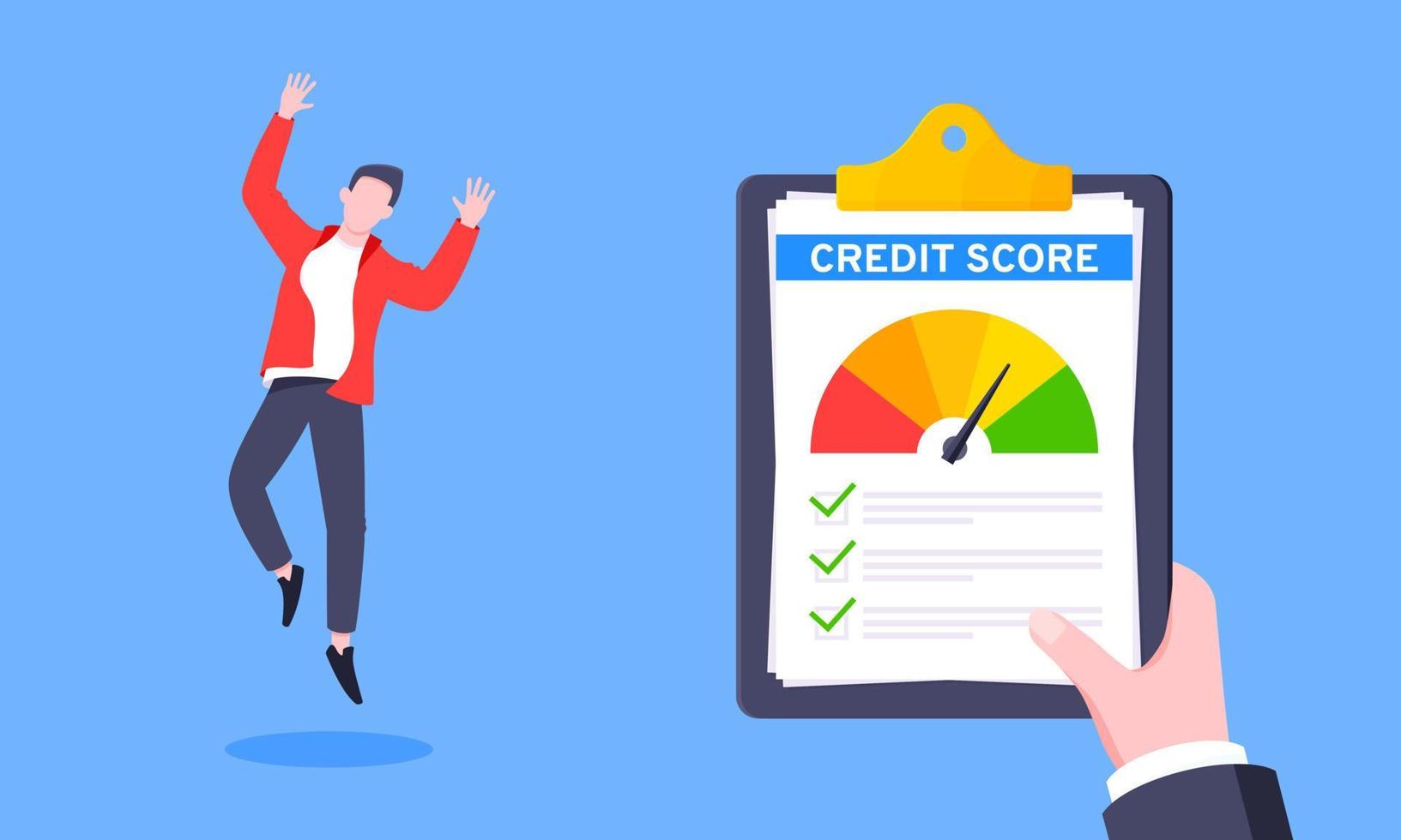 Good credit score business concept with clipboard, score gauge meter and happy person jumping in the air. vector