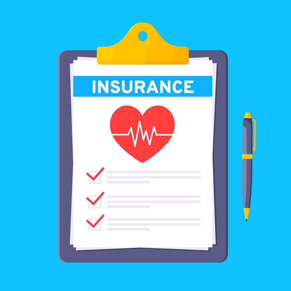 Clipboard with medical insurance claim form on it, paper sheets, pen isolated on blue background. vector