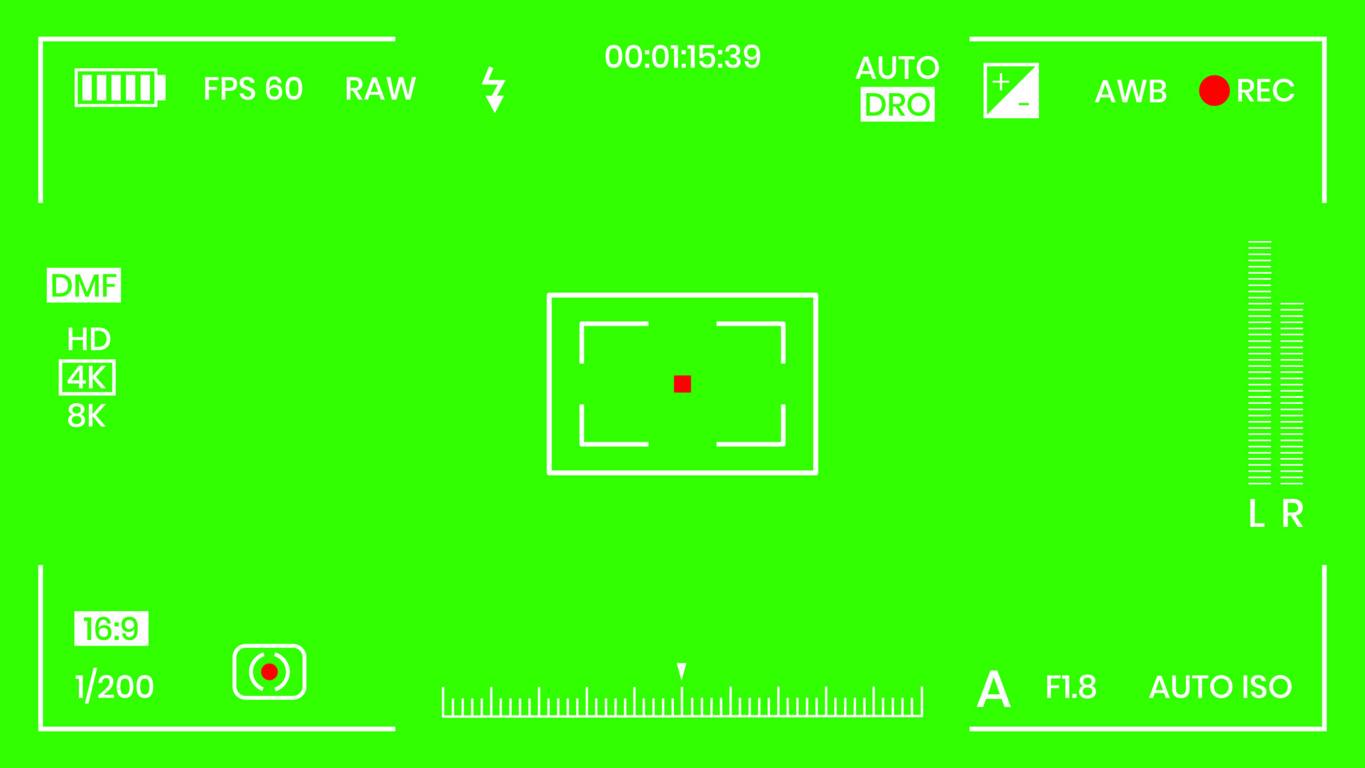 Green colored chroma key camera rec frame viewfinder overlay background