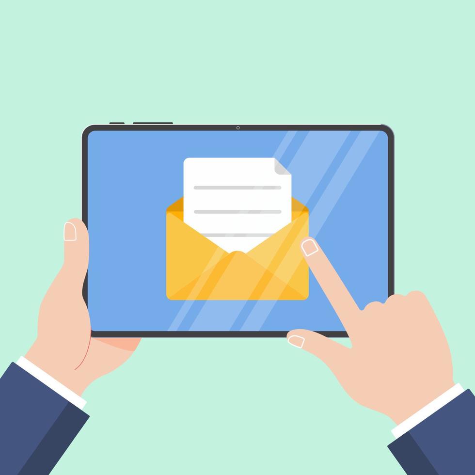 Hands hold tablet pad devise with open envelope document paper sheet page check mark tick, no text icon vector illustration flat design isolated on blue background. Symbol recieving e-mails confirm