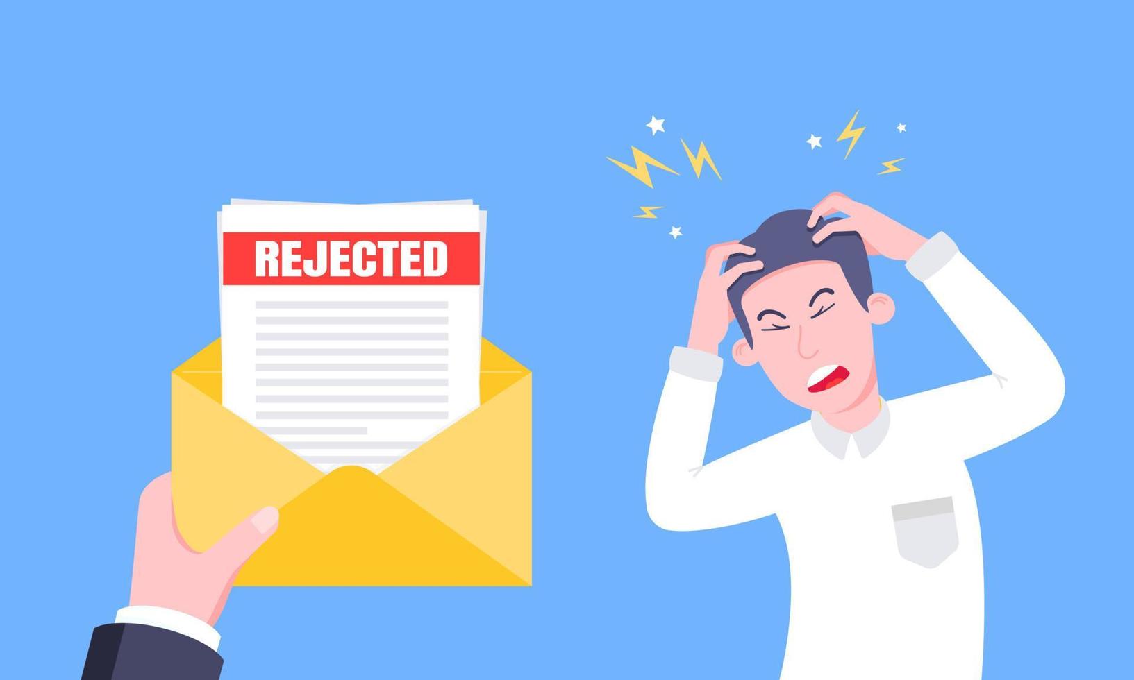 Sad man and an envelope with rejected application form flat style design vector illustration.