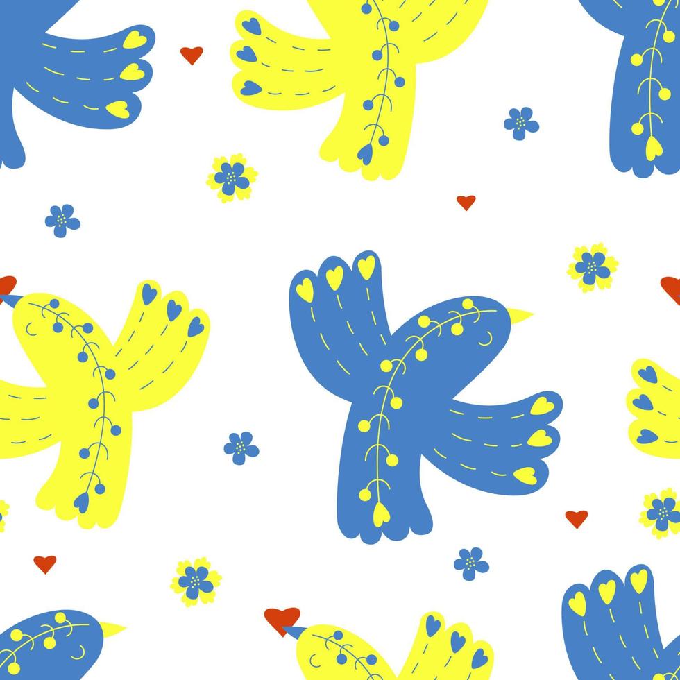 patrón transparente decorativo ucraniano. pájaros amarillos y azules con corazón sobre fondo blanco con flores. ilustración vectorial en colores de la bandera ucraniana para decoración nacional, diseño, embalaje, papel tapiz vector