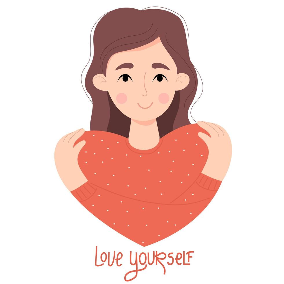 Cute beautiful girl in shape of heart. Self care, love yourself. Happy woman hugging her shoulders. Vector illustration. Cute female character for postcard, Valentine, International Womens Day