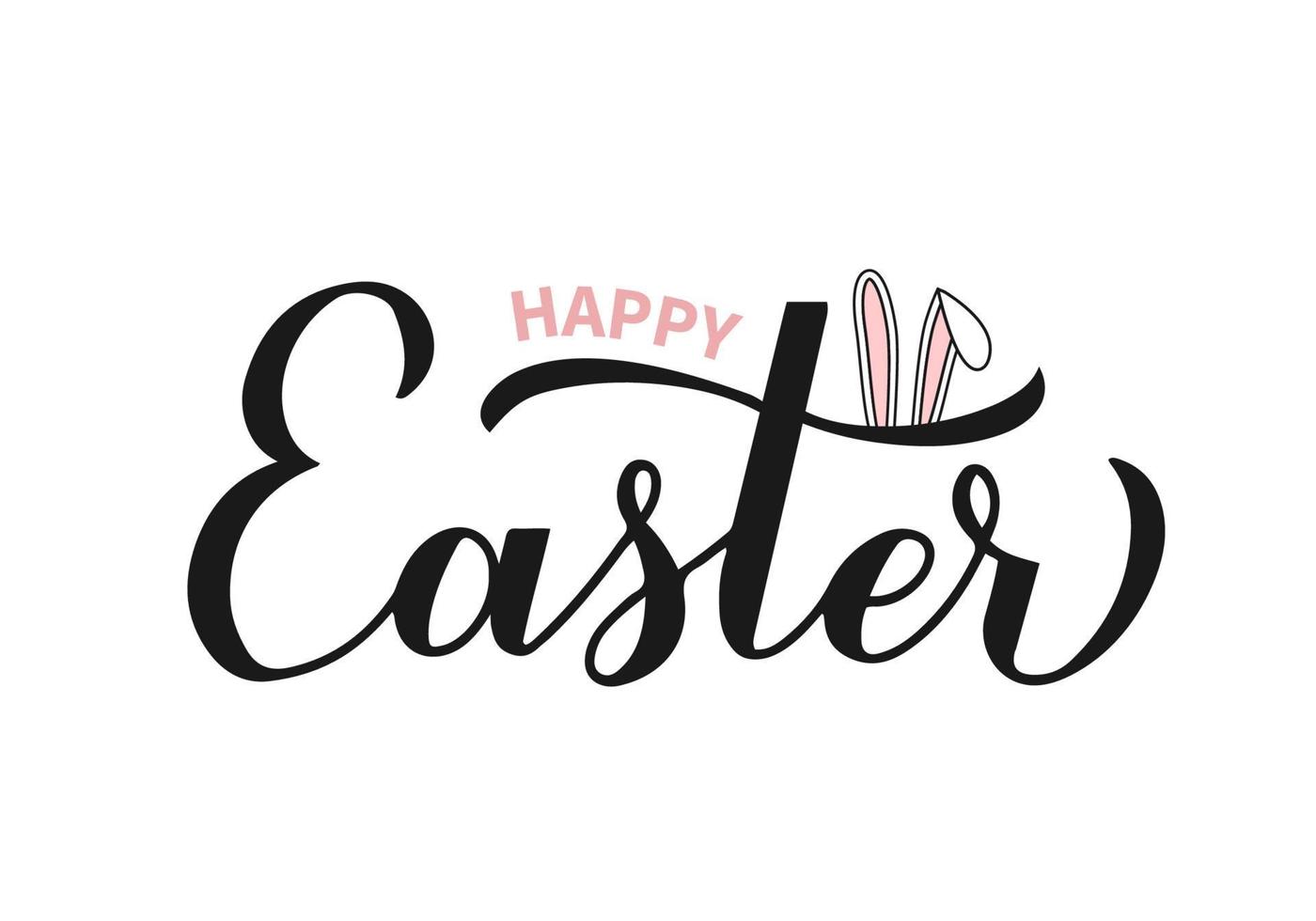 letras de mano de caligrafía de pascua feliz con lindas orejas de conejo aisladas en blanco. cartel de tipografía de celebración de Pascua. plantilla vectorial fácil de editar para invitación de fiesta, tarjeta de saludo, pancarta, pegatina vector