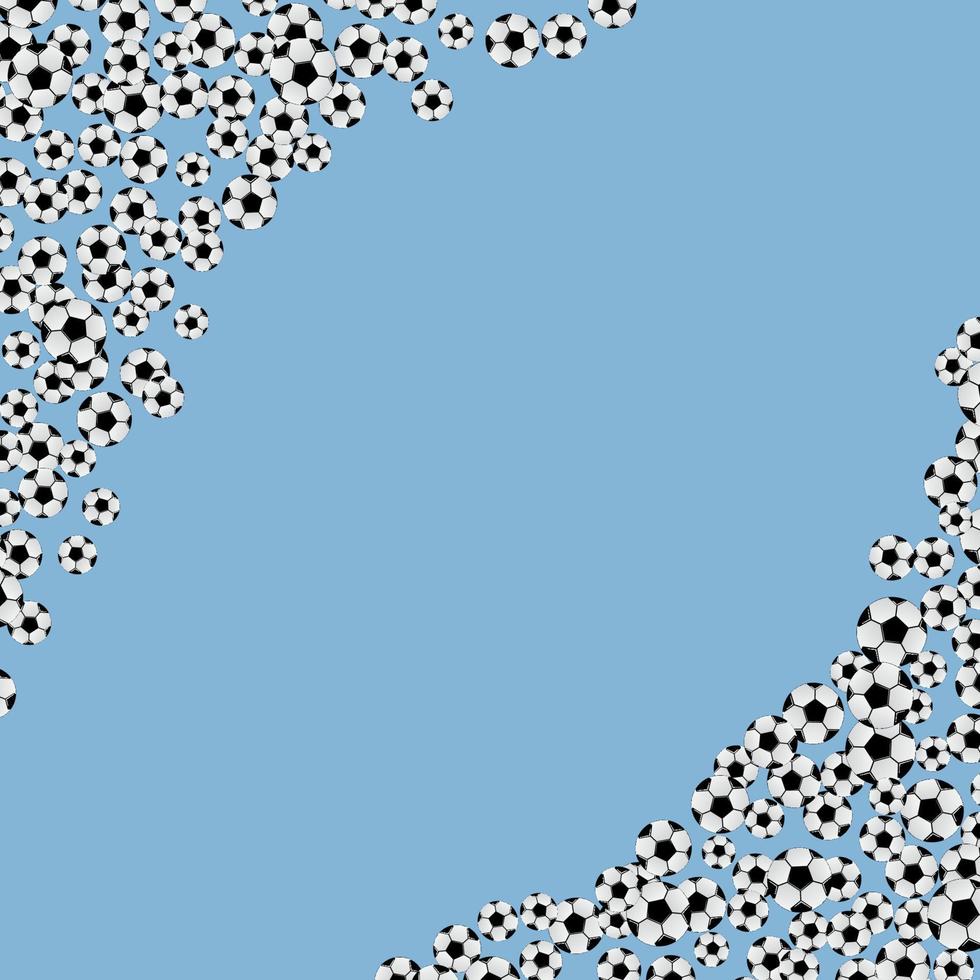 Scattered soccer balls frame on blue background with space for text. Football vector illustration. Sports competitions concept.Template for your design projects.