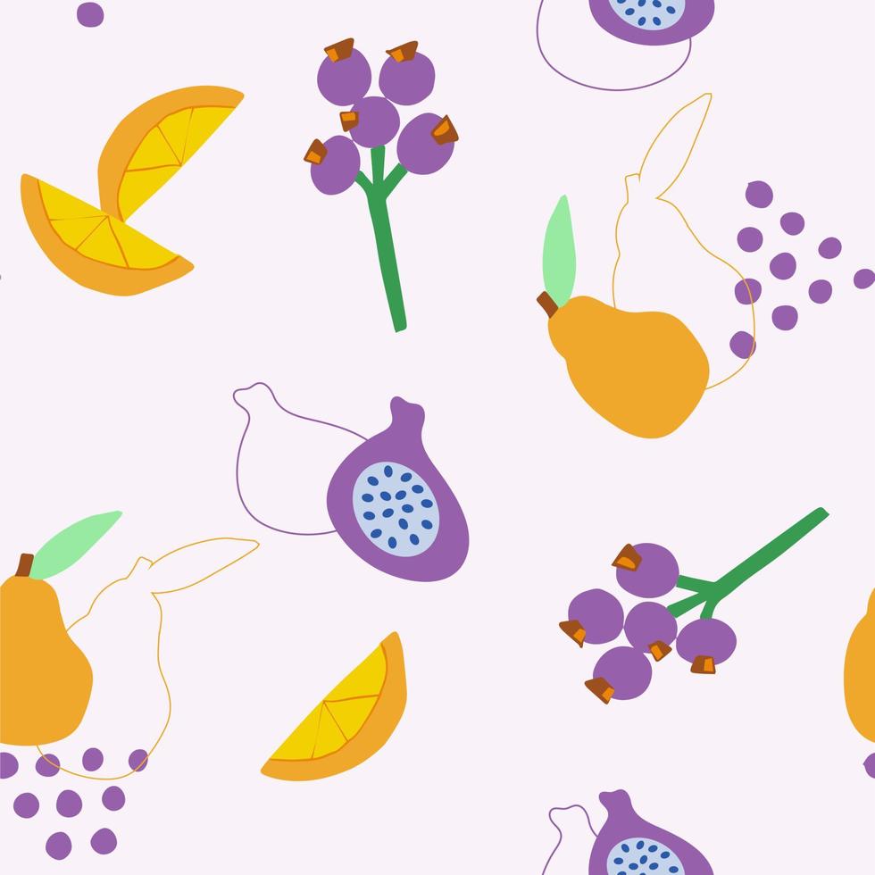 dibujo abstracto sin fisuras. fruta dibujada a mano en una forma simple. uvas, pera amarilla, rodajas de naranja e higos. vector