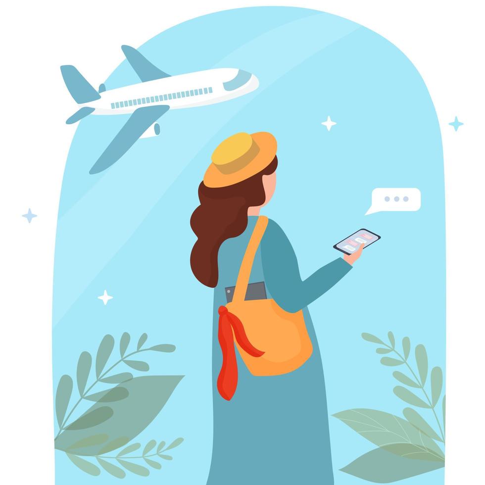 A girl at the airport with a cell phone in her hands. Communicating in social networks and messengers via video call. Mobile applications and Internet technology. vector