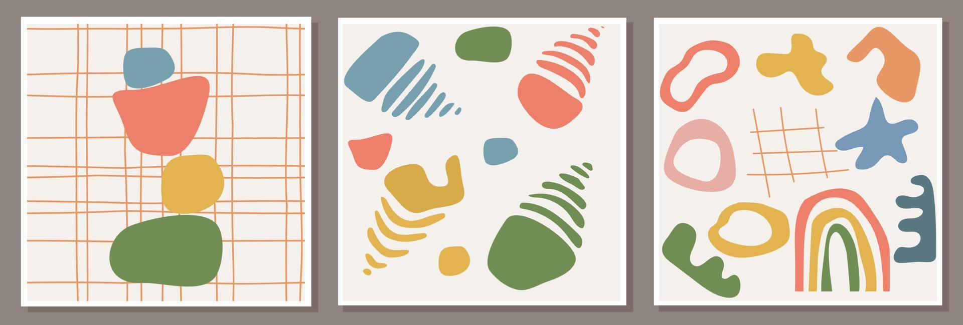 Set of seamless patterns with abstract compositions. Hand drawn simple doodle shapes and natural elements vector