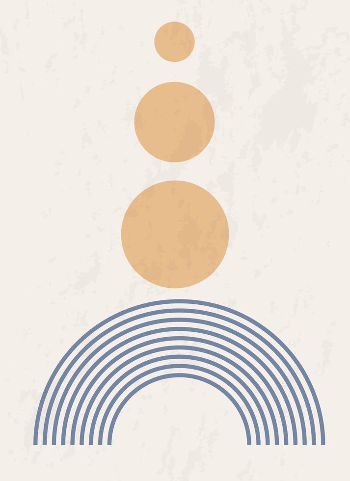 Abstract poster with geometric shapes and lines. Rainbow print and sun circle, boho style. vector