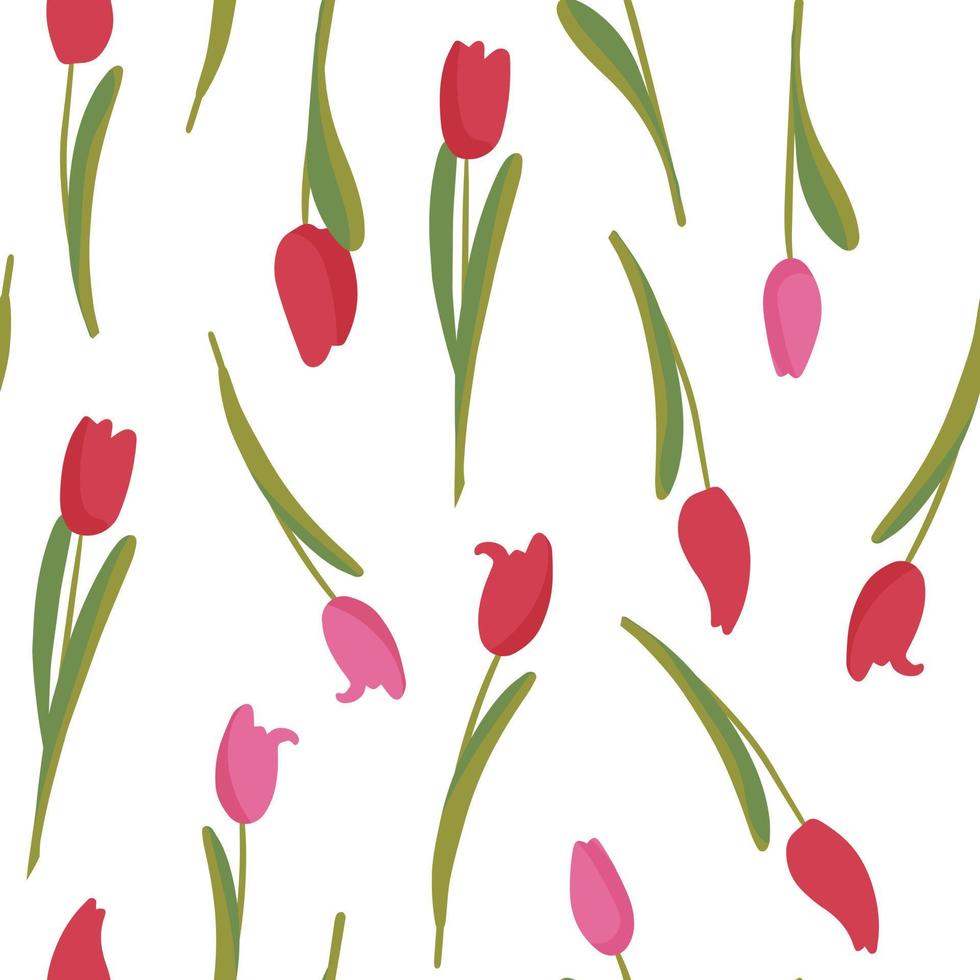 Seamless Botanical Pattern. Red tulip flowers with leaves. vector