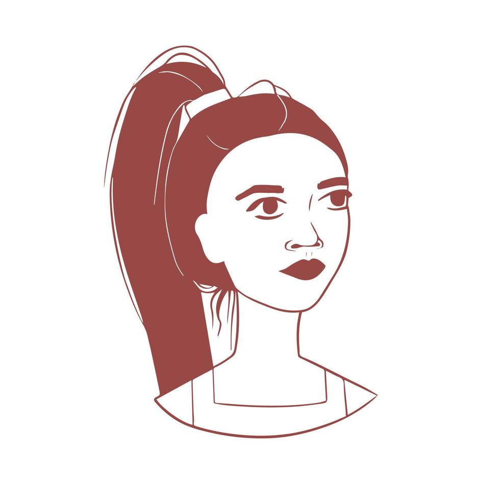 Portrait of a young girl. The face of a stylish abstract woman with a fashionable hairstyle. Dark hair gathered in a ponytail. Line art. Coloring for children vector