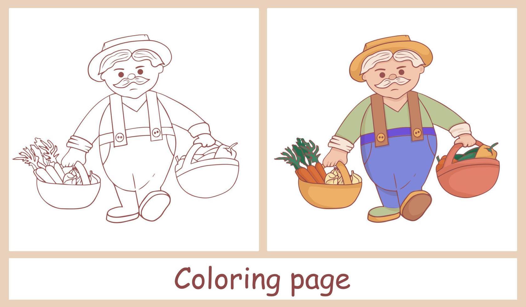 Cute farmer character. Grandpa with two baskets of crops. Harvesting vegetables. Line art. Coloring for children and color drawing for example vector