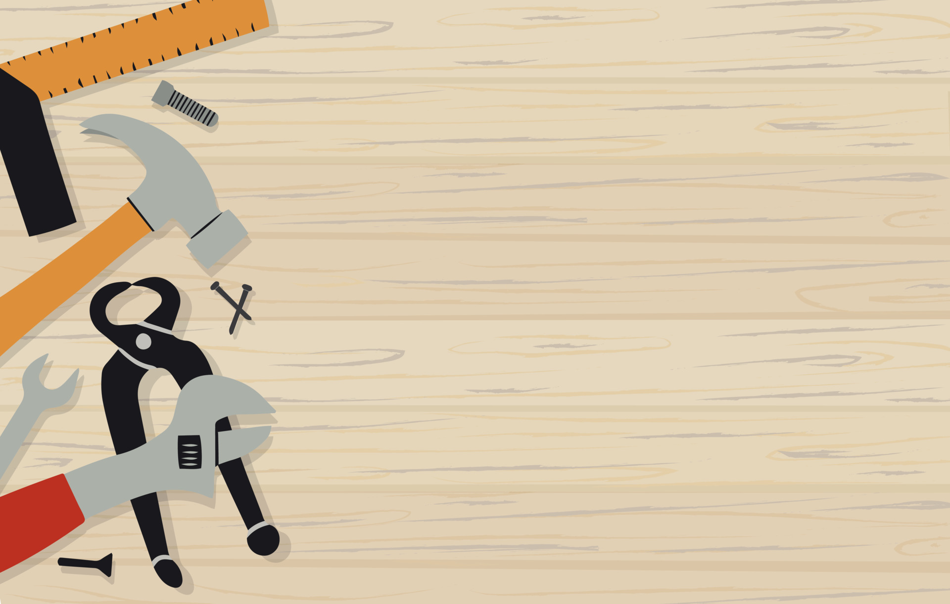 Construction tools for repair on wooden background. Vector flat