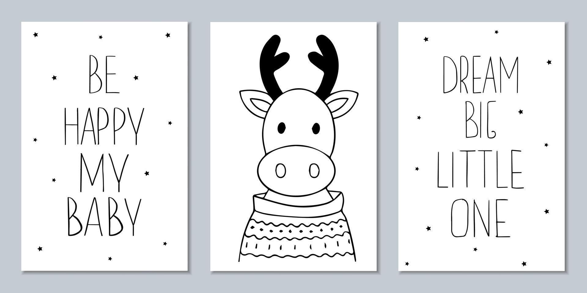 Set of Scandinavian monochrome posters with animals and captions. Black and white wall art to decorate a child's room vector