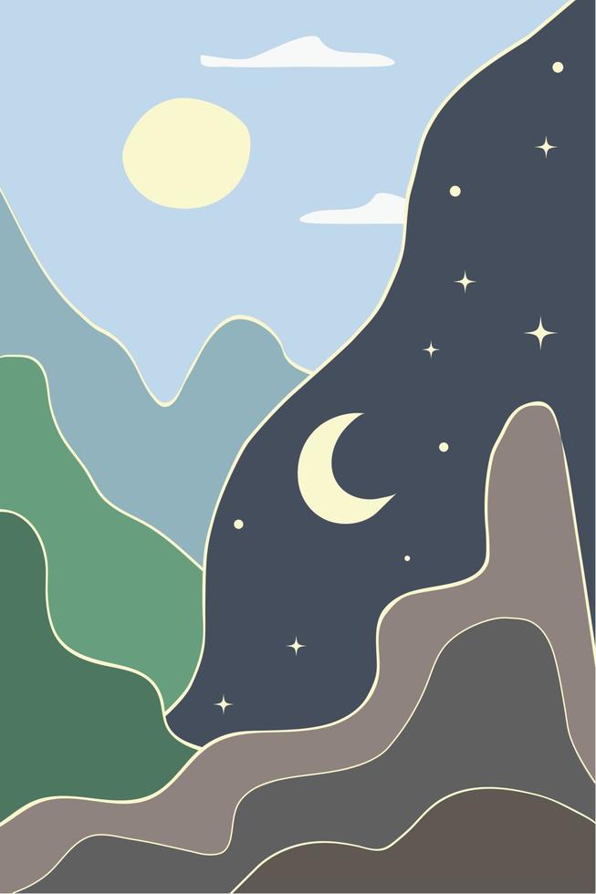 Minimalist landscape. The concept of the change of day and night. Moon and sun in the sky. Abstract mountains vector