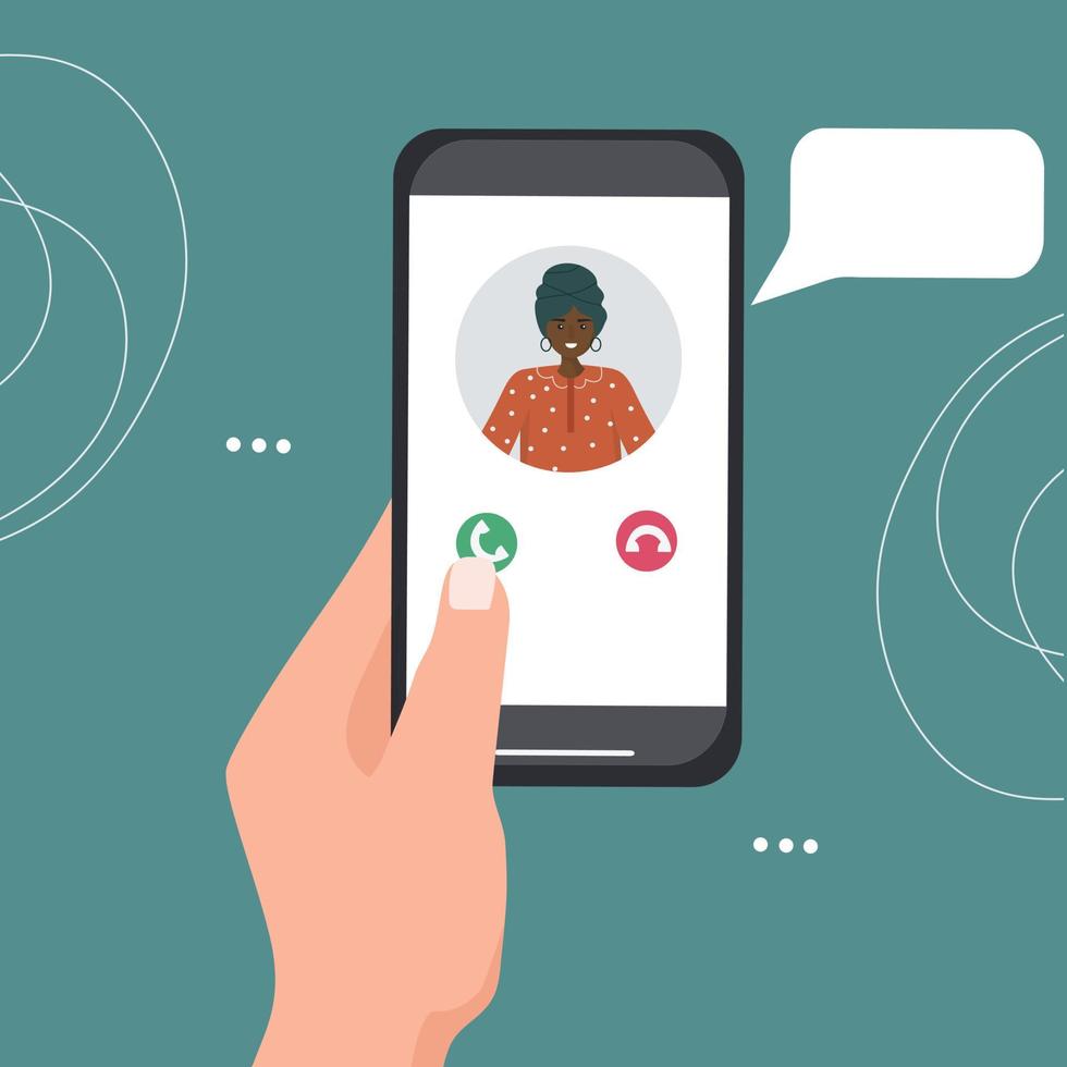 A hand holds a smartphone with an incoming call. Portrait of a person from contacts on the phone screen. Mobile applications and Internet technology. vector