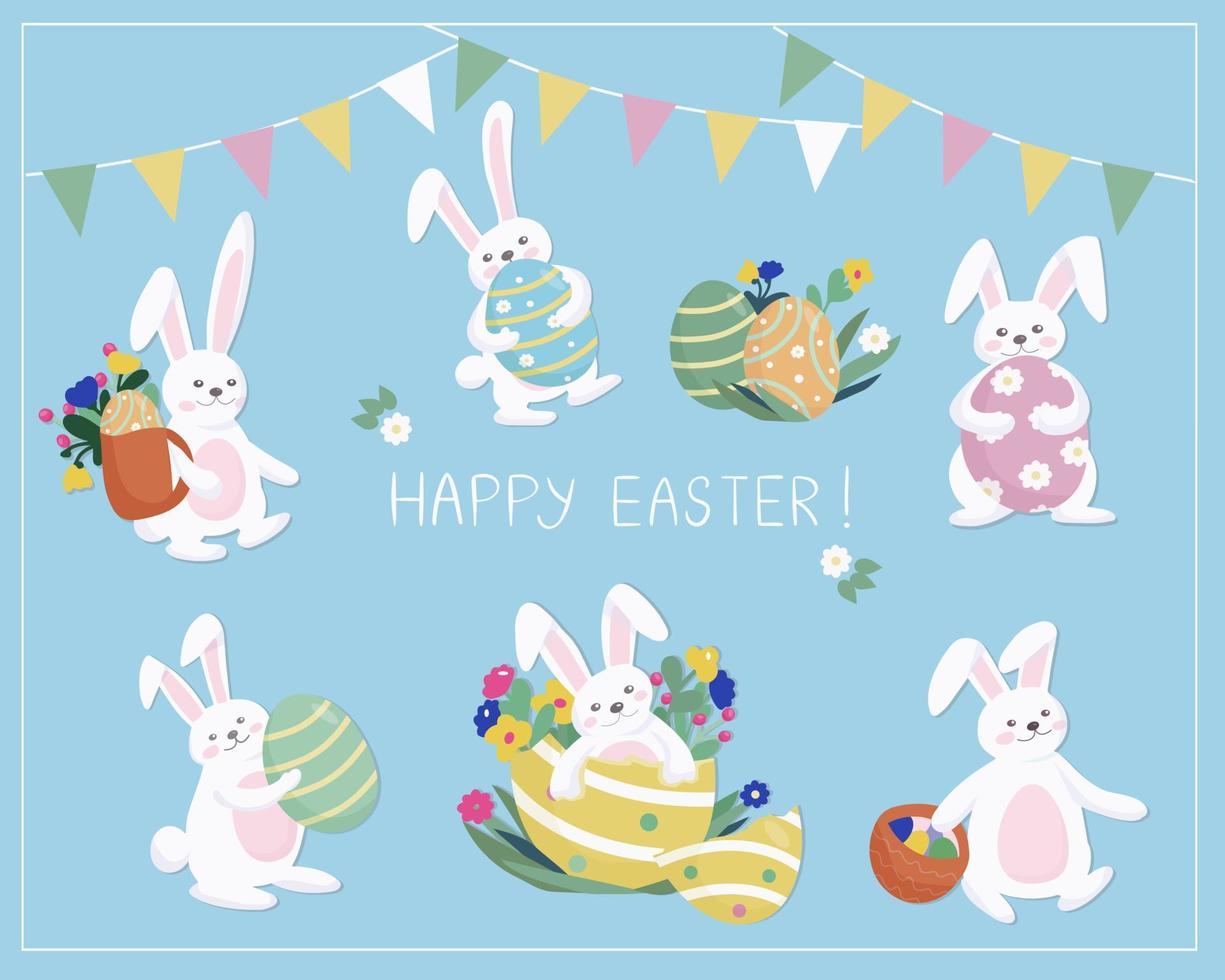 Easter rabbit and painted eggs. Cute happy animal in different poses. Symbols of the celebration of the Great Easter vector