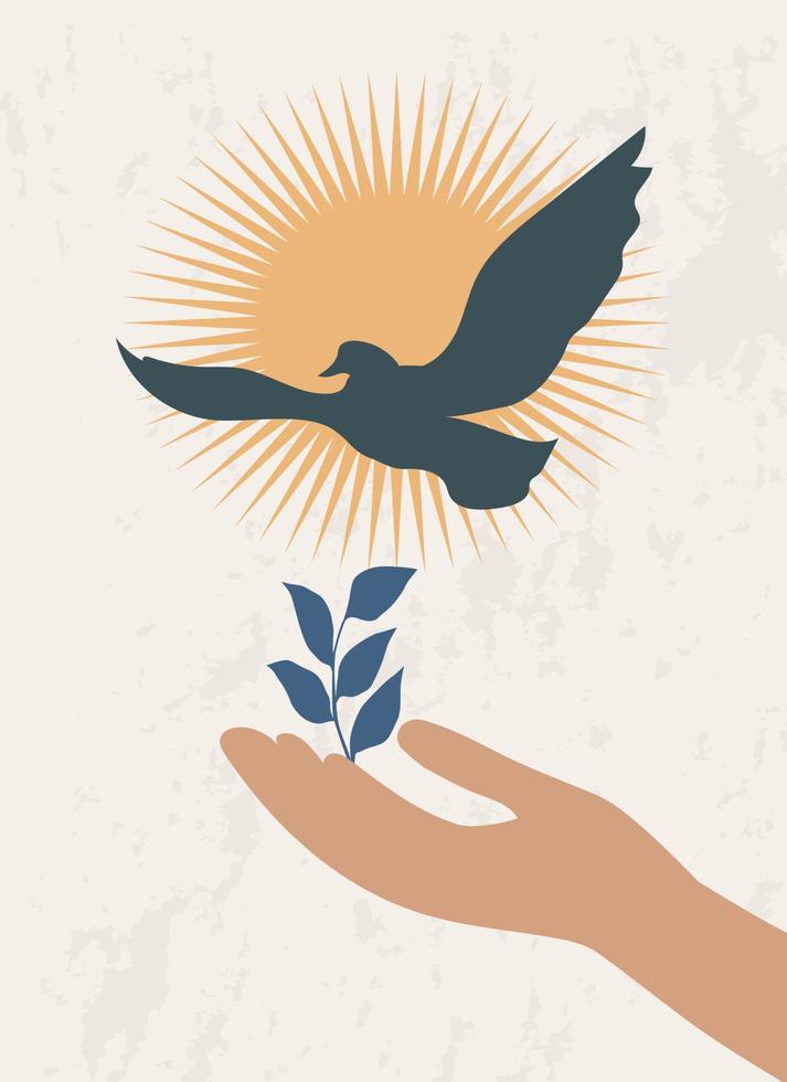 una mano con una planta y un pájaro volador. un símbolo de paz y armonía vector