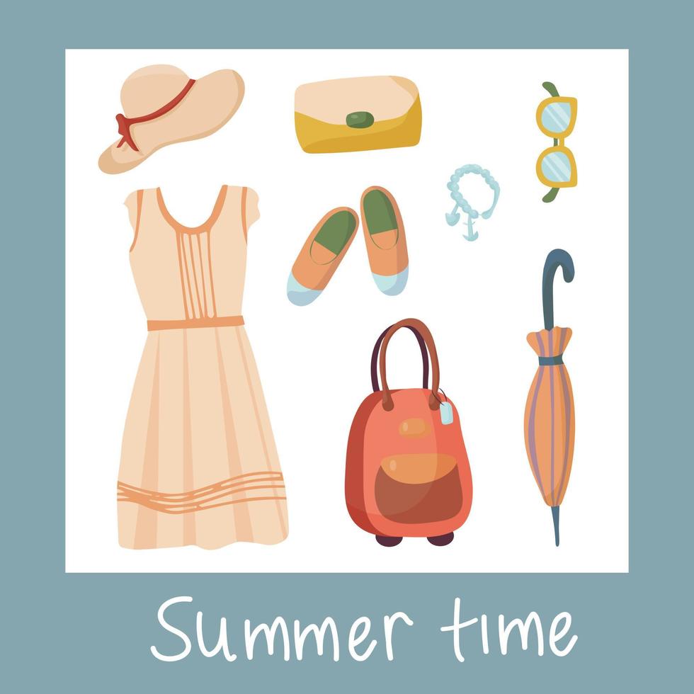 conjunto de ropa de verano. accesorios de playa elementos vectoriales y cosas para vacaciones y viajes, planificación de conjuntos y conjuntos de moda vector