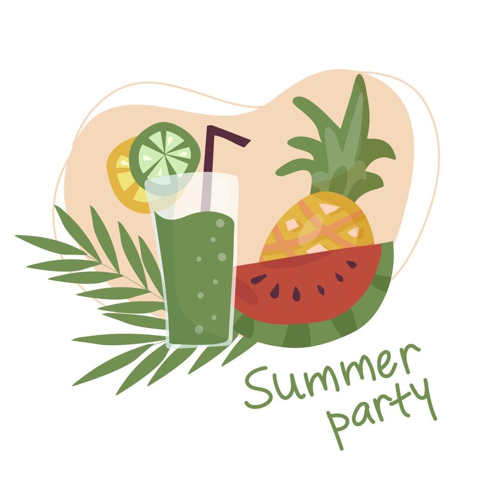 Summer refreshing fruit cocktail. Non-alcoholic drinks in a simple glass glass and straw. Fresh smoothies and slices of fresh fruit against a backdrop of palm leaves. Healthy vegan food. vector