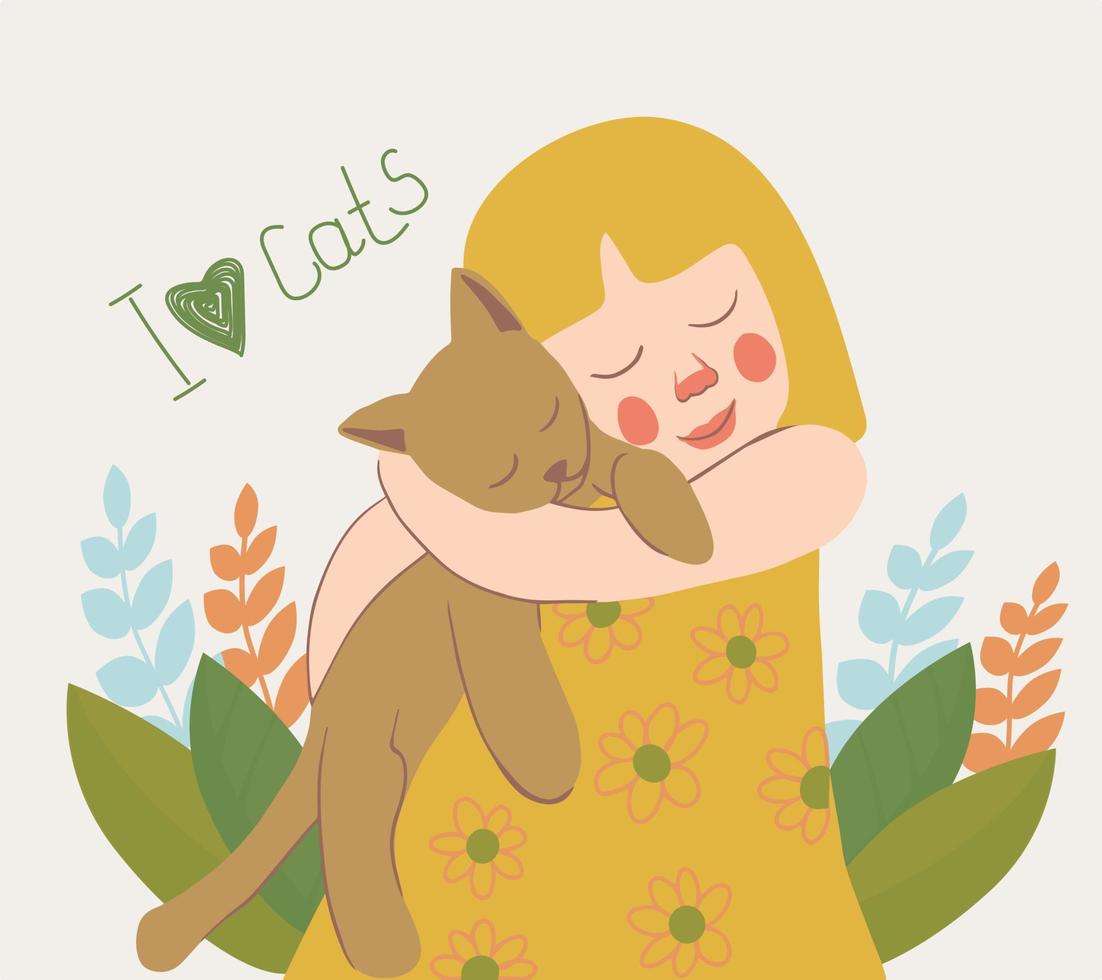 una linda niña sosteniendo un gato en sus brazos. retrato de un dueño feliz con su querida mascota. amabilidad y amor por los animales. vector