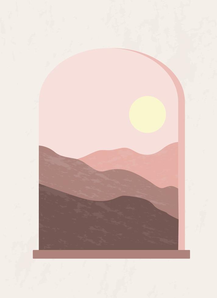 composición monocromática abstracta moderna. cartel de estilo boho minimalista. ventana arqueada mística. paisaje de montaña y puesta de sol. vector