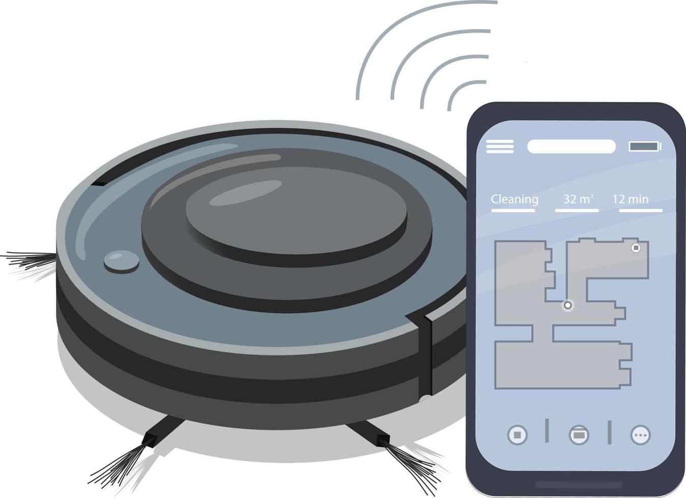 Aspirador robot. control de casa inteligente desde un teléfono móvil.  dibujo vectorial