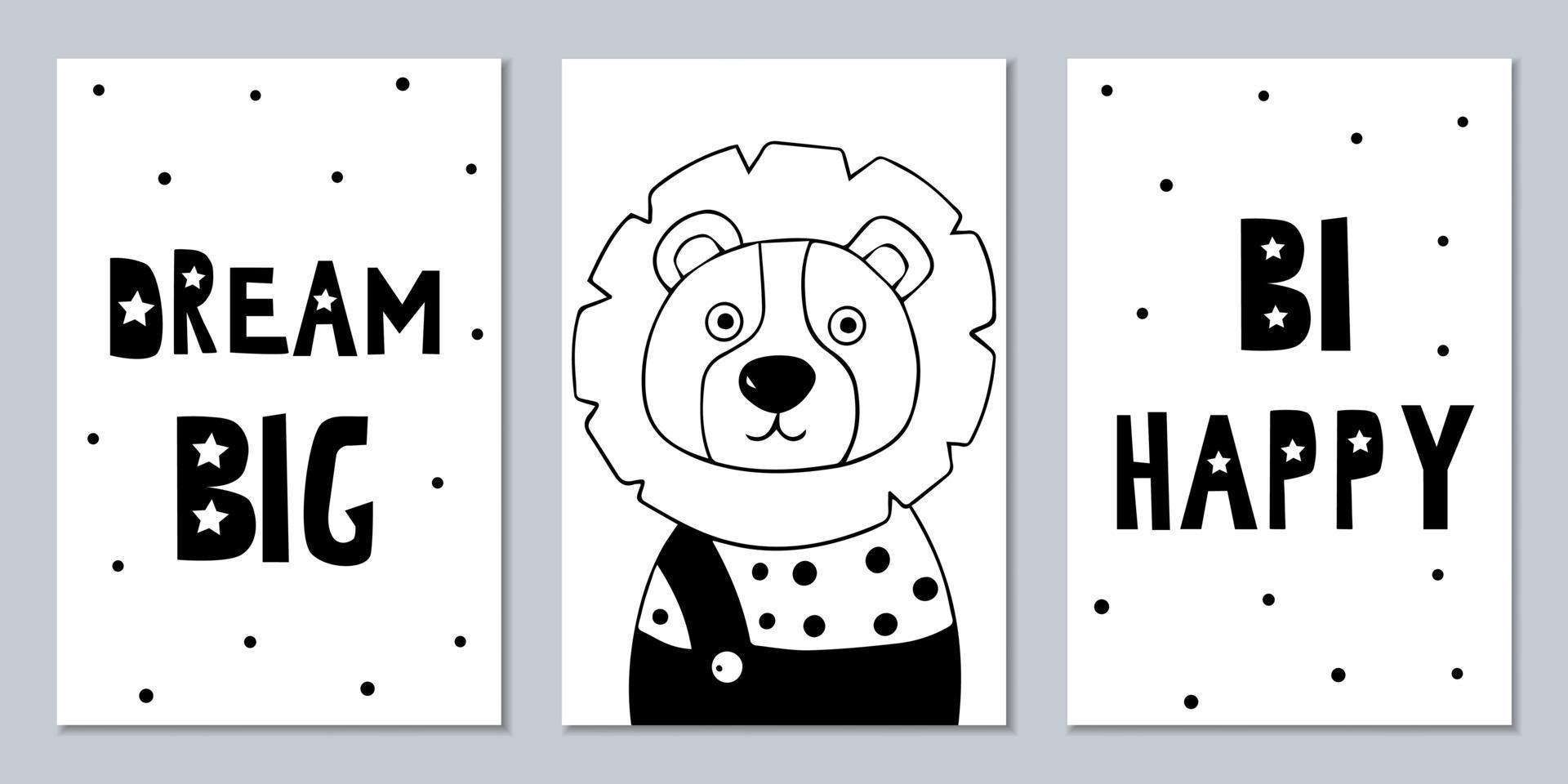 conjunto de carteles monocromáticos escandinavos con animales y subtítulos. arte de pared en blanco y negro para decorar la habitación de un niño vector