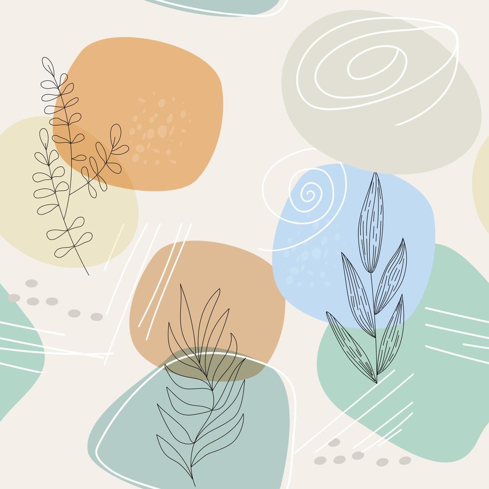 Seamless pattern with an abstract composition of simple shapes and lines. botanical elements of field grass and branches with leaves vector