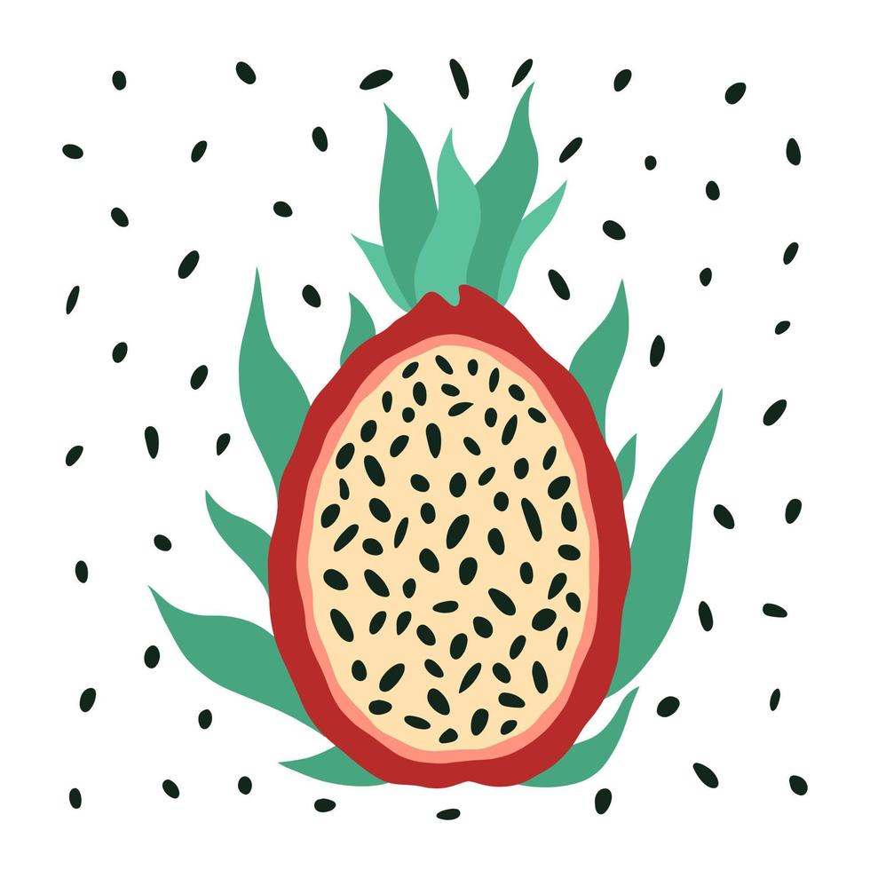 Half dragon fruit vector icon. Ripe pitahaya with green leaves, juicy pulp, seeds. Exotic asian dessert, flat cartoon style. Tropical clipart, isolated illustration on white background