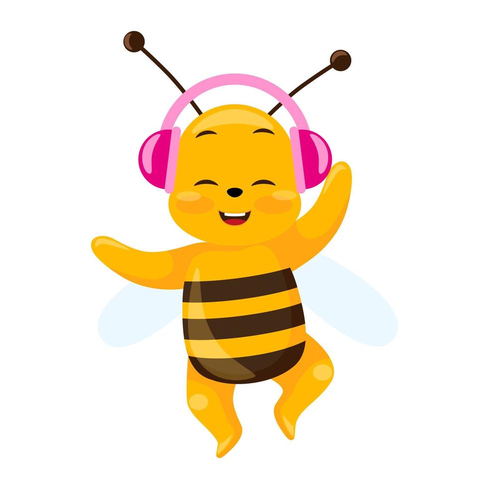 Cute bee listens to music with headphones isolated on white background. Smiling cartoon character dancing. vector