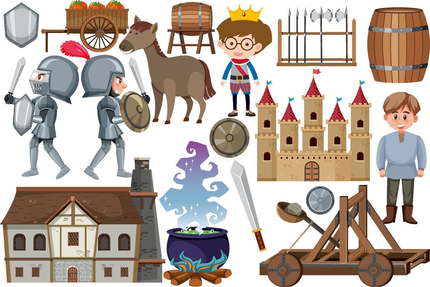 Medieval characters buildings set vector
