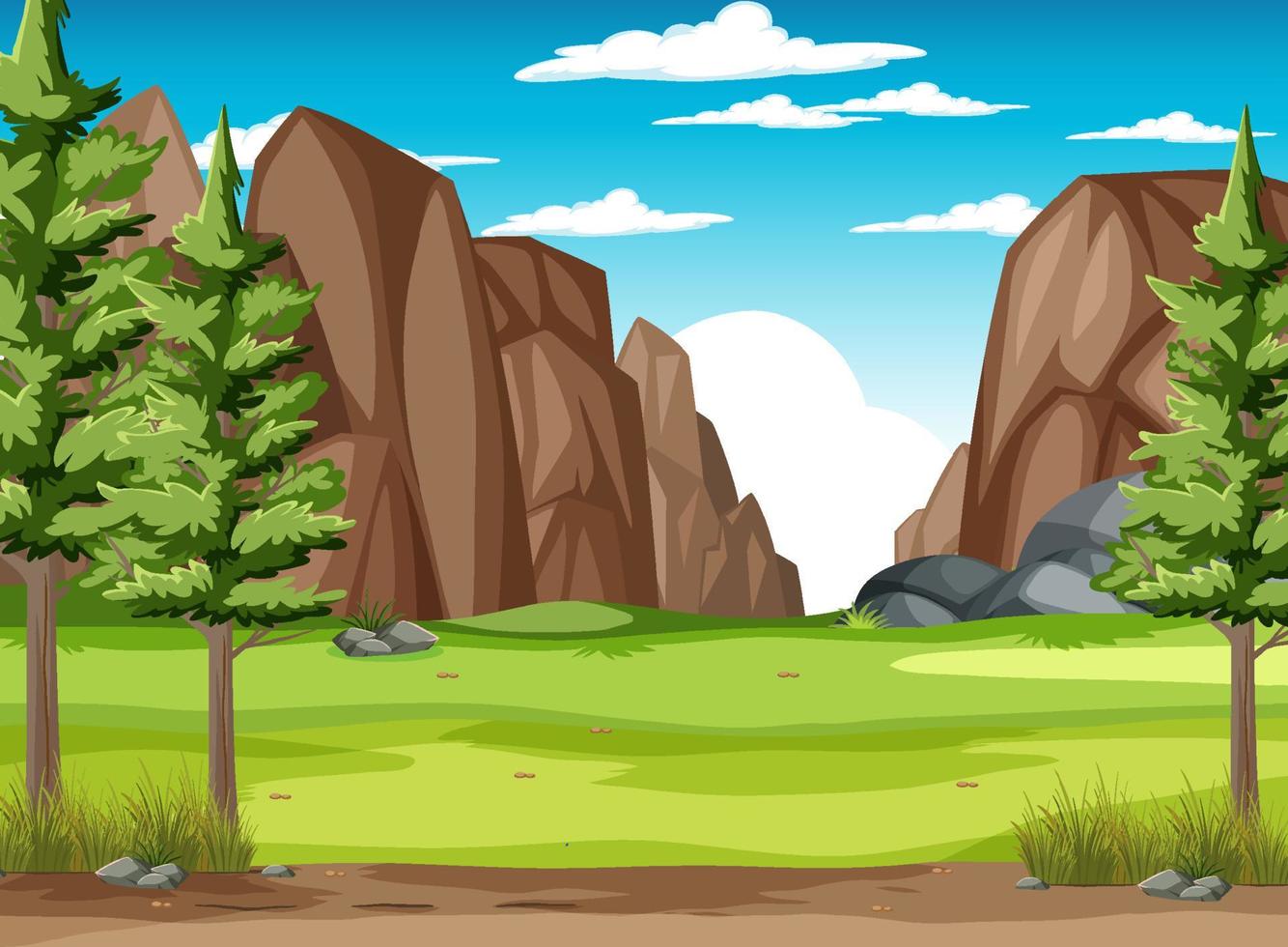 escena con campo verde y montaña. vector