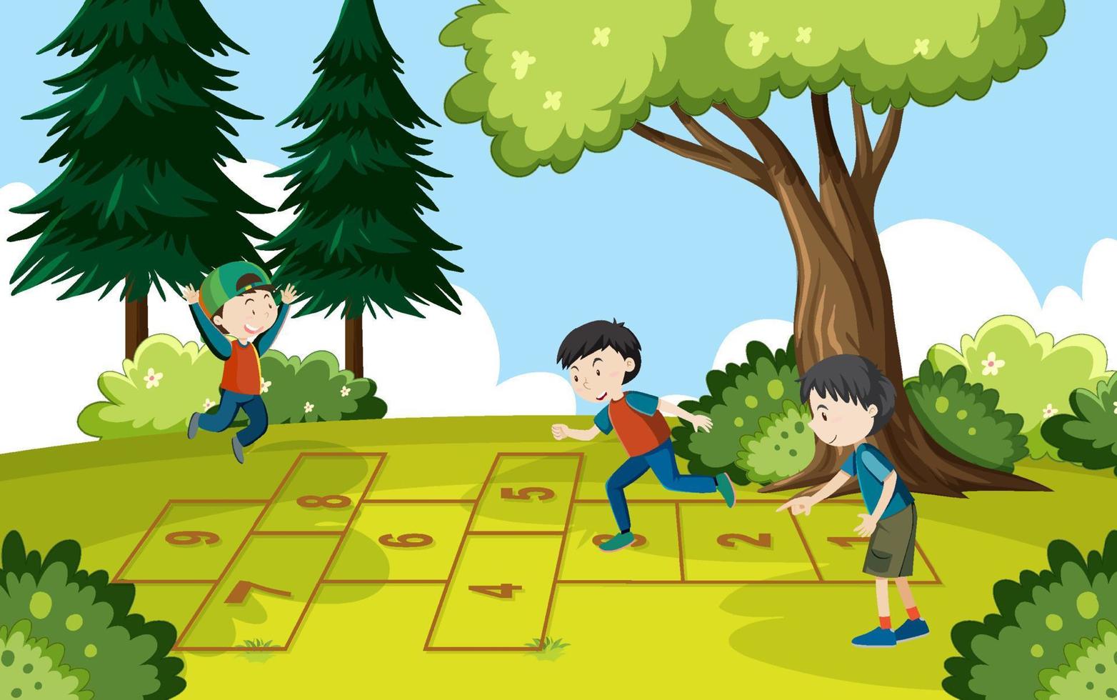 Children playing hopscotch game at the park vector