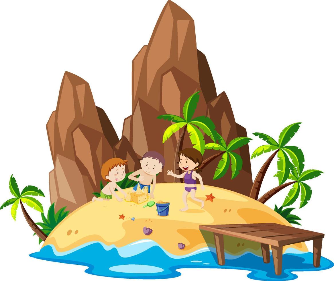 Three kids playing sand on the beach vector