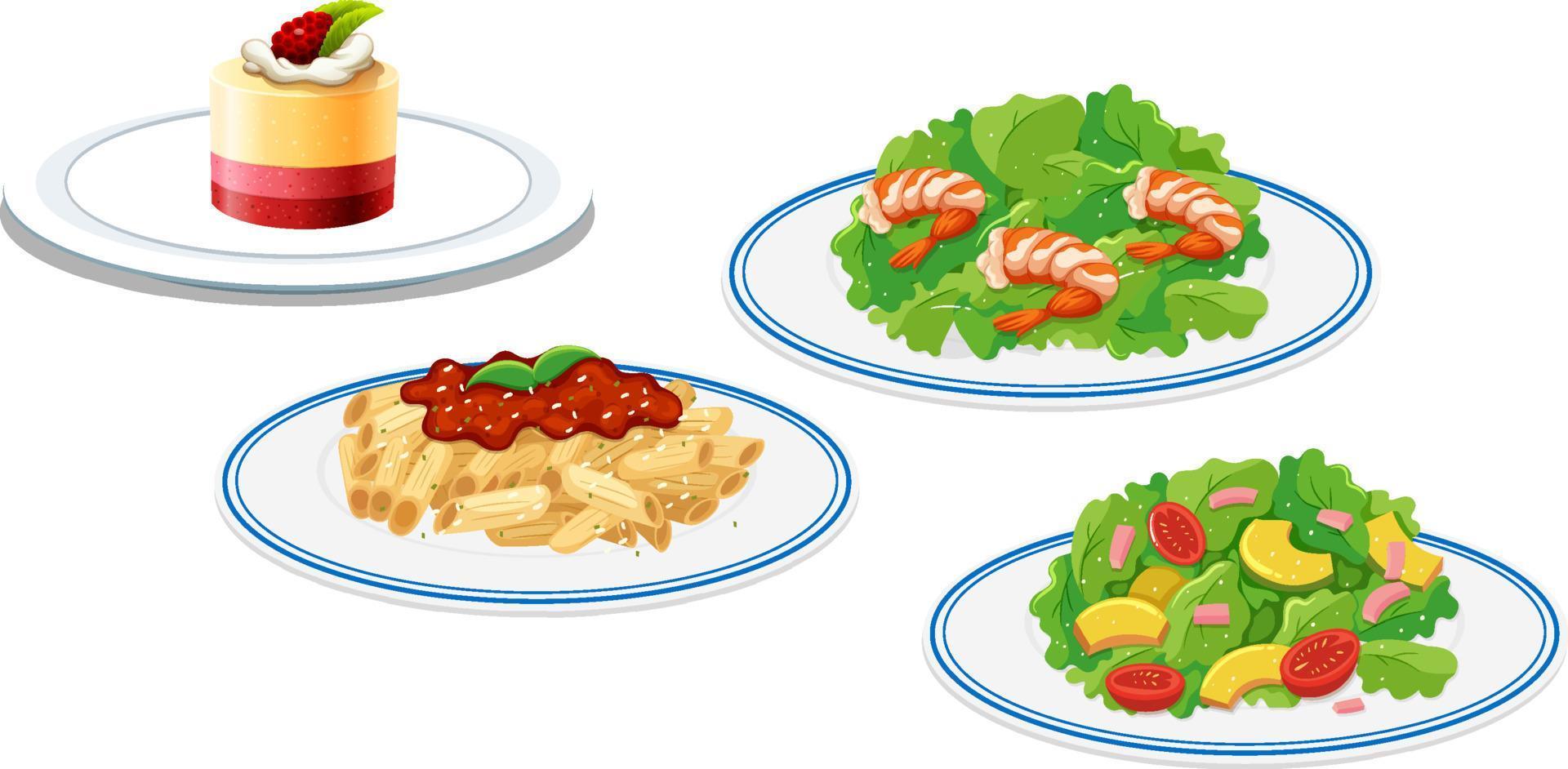 conjunto de diferentes alimentos en platos vector