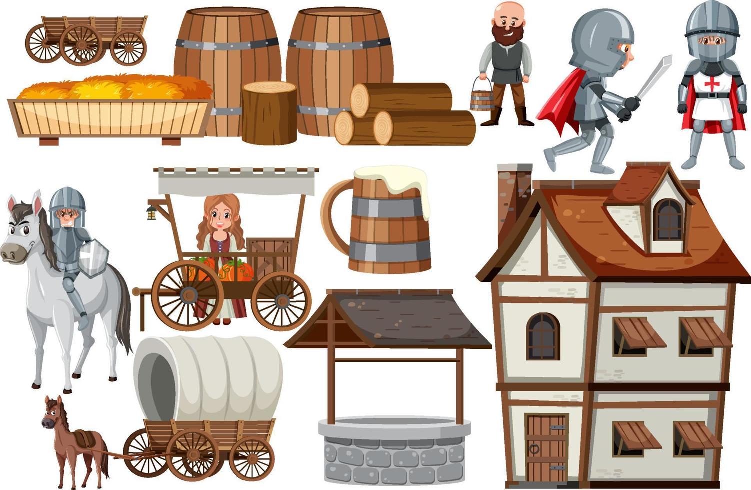 Medieval characters buildings set vector