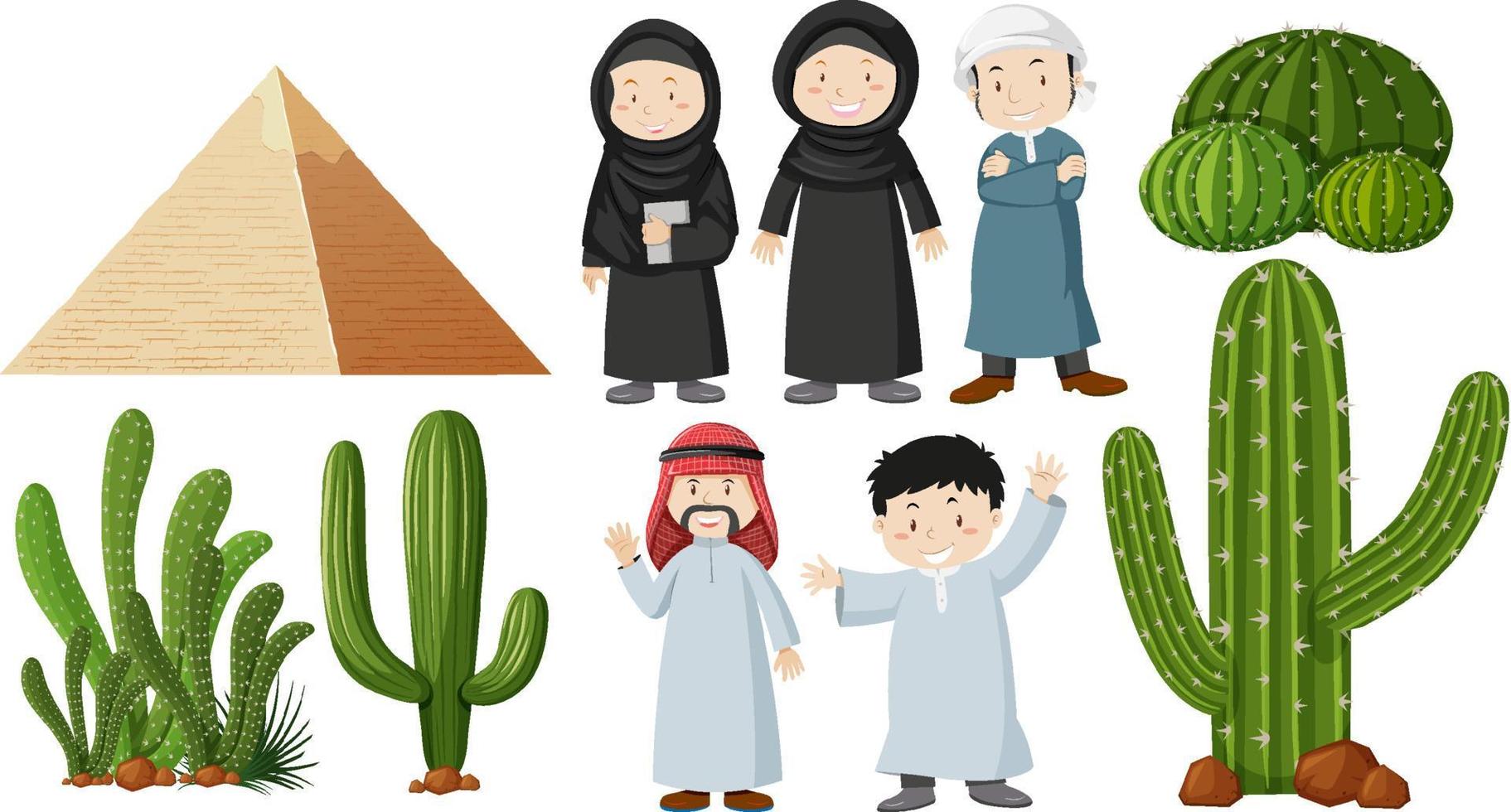 Arabic people and cactus plants vector